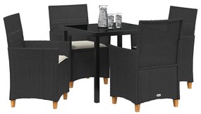 Conjunto de Jantar de Jardim com 5 Peças e Almofadas, Preto, em Rattan