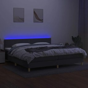 Cama box spring c/ colchão e LED 200x200 cm tecido cinza-escuro