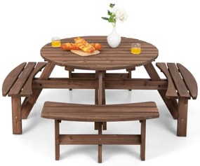 Conjunto de mesa de jardim de madeira para 8 pessoas ao ar livre com mesa de piquenique com buraco para guarda-sol e 4 bancos de jardim