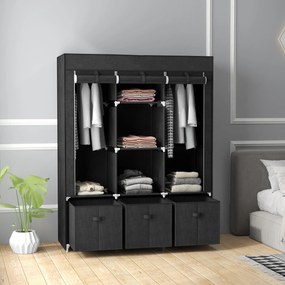 Guarda Roupa dobrável em tecido com 5 prateleiras, 2 varões e 3 gavetas em tecido 125 x 43 x 162,5 cm Preto