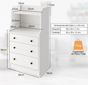 Cómoda Bianca com 3 Gavetas e Estantes Abertas – Modelo Bianca | 58x36