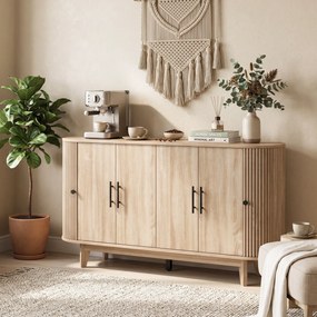 Aparador de sala, móvel de arrumação oval com 4 portas e 2 prateleiras ajustáveis, 147 x 40 x 76 cm, carvalho