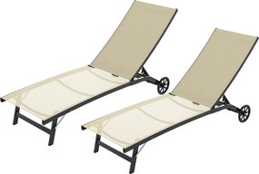 Conjunto de 2 espreguiçadeiras em alumínio e textilene com rodas e encosto reclinável, capacidade máxima de 150 kg, cor cáqui