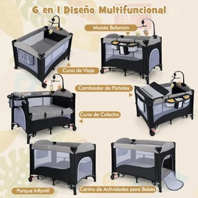 Berço 6 em 1 com mesa para trocar fraldas, colchão e bolsa de transporte para bebés desde o nascimento até 15 kg 110 x 76 x 76 cm Bordas cinza claro