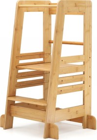 Torre de aprendizagem 60 x 58 x 91 cm para crianças de bambu para crianças com altura ajustável em 4 níveis Barras de segurança natural