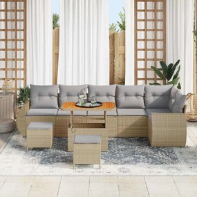 Conjunto de Sofás de Jardim de 9 Peças com Almofadas Bege de Rattan PE
