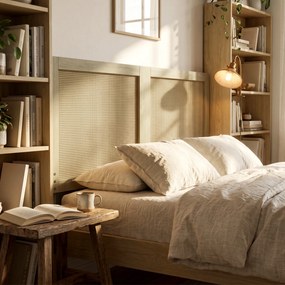 Cabeceira de Madeira com Efeito Rattan, Design Boho, para Quarto, 140 x 4 x 87 cm, Cor Carvalho