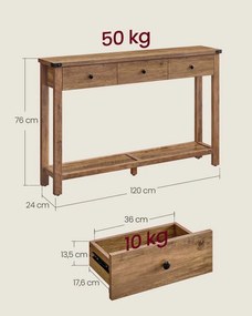 Mesa consola com três gavetas e prateleira inferior para corredor 24 x 120 x 76 cm castanho mel