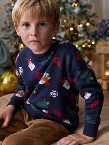 Camisola jacquard de Natal, motivos lúdicos, para menino marinho