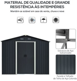 Abrigo de Jardim de 4,1 m² 236x174x190 cm para Armazenamento de Ferramentas com Portas e 4 Janelas de Ventilação Cinza