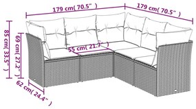 5 pcs conjunto sofás de jardim com almofadões vime PE preto