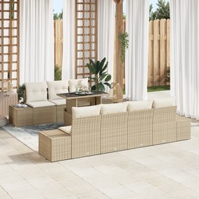 Conjunto de Sofá de Jardim 8 Peças com Almofadas Bege Rattan Poliéster