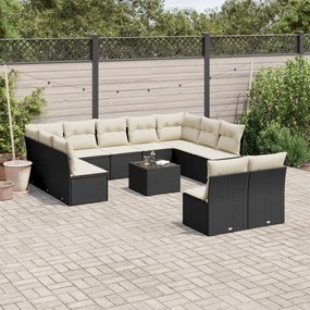 12 pcs conjunto de sofás de jardim c/ almofadões vime PE preto