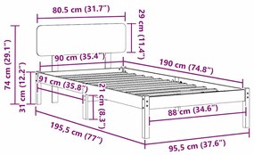 Cama com cabeceira branca 90x190 cm, em madeira de pinho.