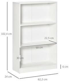 Estante para Livros com 3 Compartimentos de Armazenamento Livros Plantas para Sala de Estar Estúdio Dormitório 62,2x24x102,4cm Branco