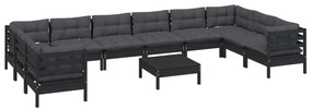 11 pcs conjunto lounge de jardim c/ almofadões pinho preto