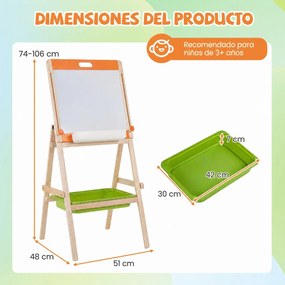 Cavalete Infantil de Desenho de Dupla Face, 51 x 48 x 74-106 cm, Altura Ajustável, Natural