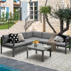 Conjunto de Sofá de jardim em Alumínio com Costas Reclináveis Mesa Reclinável Almofadas de Assento em Vidro Temperado Cinzento