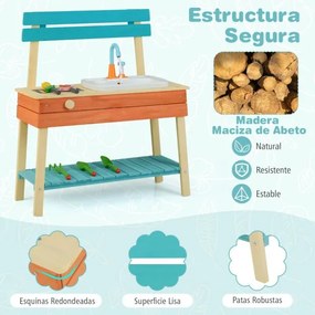 Cozinha de brincar para crianças com grelha, botão giratório, torneira e acessórios de jardinagem para 3 a 8 anos, azul