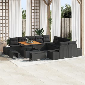 Conjunto de Sofá de Jardim vidaXL com Almofadas Preto Vime Acácia