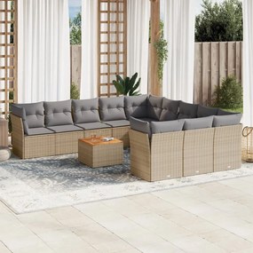 12 pcs conj. sofás jardim c/ almofadões vime PE bege misturado