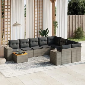 10 pcs conjunto sofás de jardim c/ almofadões vime PE cinzento