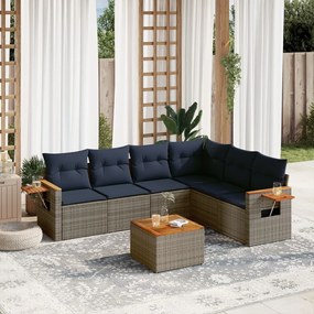 7 pcs conjunto sofás p/ jardim c/ almofadões vime PE cinzento