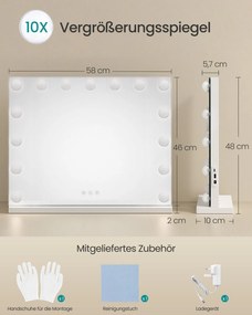 Espelho de maquilhagem 48 x 58 x 5,7 cm estilo Hollywood com 15 LEDs reguláveis Branco 