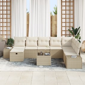 Conjunto de Sofá de Jardim de 9 Peças com Almofadas Bege de Rattan