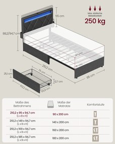 Estrutura de cama em metal 90 x 200 cm (COLCHÃO NÃO INCLUIDO) com iluminação LED nas gavetas e cabeceira cinzento escuro