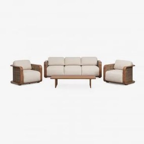 Conjunto De Jardim Com Sofá De 3 Lugares, 2 Poltronas E Mesa De Centro Em Madeira De Acácia Noira Castanho Acácia - Sklum