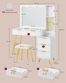 Toucador com banco e espelho com iluminação LED 40 x 110 x 135 cm branco