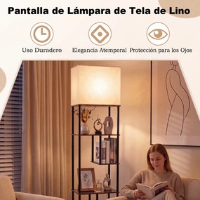 Candeeiro de pé industrial com 5 estantes abertos escalonados 40 x 29 x 172 cm, abajur de linho, Estrutura metálica e casquilho E27 para sala de estar