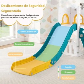 Escorrega infantil 6 em 1 para crianças com cesto de basquetebol e telescópio, com espaço de arrumação amarelo e verde