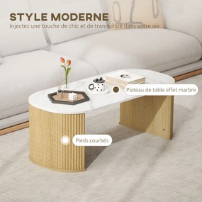 Mesa de centro oval 110 x 50 x 40 cm, mesa auxiliar com efeito de mármore, cantos arredondados e pés grossos, branca e castanha