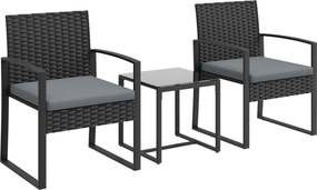 Outsunny Conjunto de Móveis de Exterior de 3 Peças em Vime PE com Cadeiras Mesa de Vidro Temperado e Almofadas Cinza Claro | Aosom Portugal