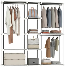 Guarda Roupa 182x43x185 cm Armário Aberto com 8 Prateleiras de Tecido Barras para Pendurar Cinza