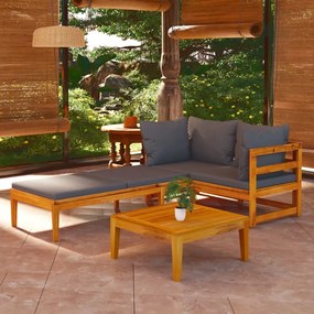 vidaXL 3 pcs conj. lounge de jardim c/ almofadões cinza-escuro acácia