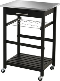 Carrinho de cozinha com prateleira para garrafas, 60L x 40P x 85A cm, tabuleiro em aço inoxidável. Preto