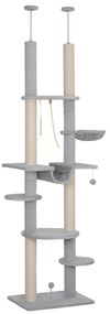 PawHut Arranhador para Gatos do Chão ao Teto 225-255 cm com 7 Níveis Rede Plataformas Postes de Arranhar Cinza