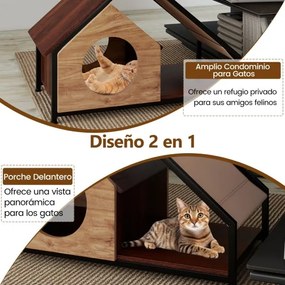 Casa de madeira para gatos de interior 84 x 43 x 58,5 cm com varanda Telhado inclinado removível e estrutura metálica Castanho