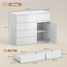 Aparador de sala 100 x 40 x 80 cm, móvel de arrumação com 5 gavetas, prateleira ajustável e porta com fecho suave, branco