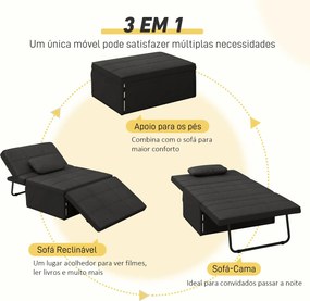 Sofá-Cama "Açores" 3 em 1 - Preto - 95x179x78 cm - Linho e Metal - Des