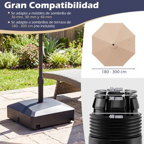 Base para guarda-sol recheável com água e areia, com rodas, 2 travões e 2 adaptadores para postes de 36/38/48 mm, com capacidade para 80 kg, para jard