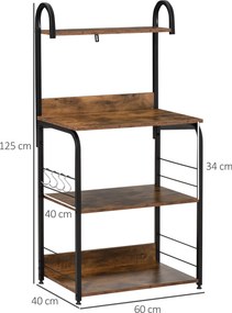 Estante de Cozinha Estante para Microondas com 4 Níveis Ganchos e Pés Ajustáveis Estante de Armazenamento 60x40x125 cm Castanho Rústico