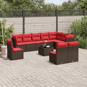 vidaXL 11 pcs conjunto sofás de jardim c/ almofadões vime PE castanho