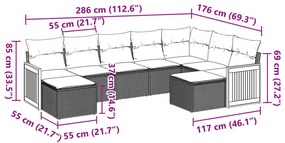 9 pcs conjunto sofás p/ jardim com almofadões vime PE cinzento