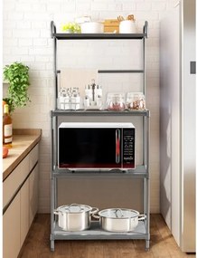 Prateleira de arrumação para cozinha 4 níveis com Prateleira para micro-ondas com estrutura metálica 60 x 34,5 x 136 cm Cinzento