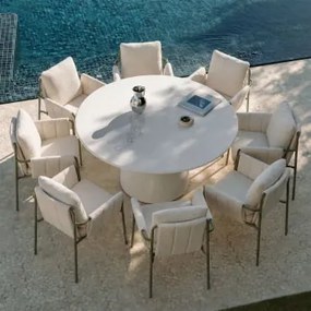 Conjunto De Mesa Redonda Ø150 Cm Em Cimento Numira E 8 Cadeiras De Jardim Com Braços Estofadas E Em Aço Zunika Verde Azeitona Intenso - Sklum