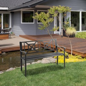 Banco de jardim de 2 lugares 128 x 62,5 x 81,5 cm, para exterior, terraço ou pátio, encosto alto, assento com ripas, braços confortáveis, aço, preto